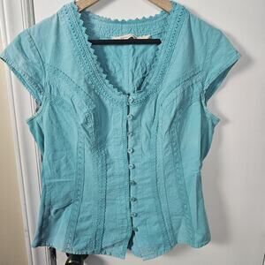 Soft Surroundings Taos Embroidered Blouse Cap Sleeve Boho Button Front Sz Small